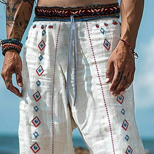 Men's Linen Pants Trousers Summer Pants Beach Pants Patchwork Elastic Waist Straight Leg Geometric Comfort Breathable Full Length Casual Daily Holiday Vacation Fashion White