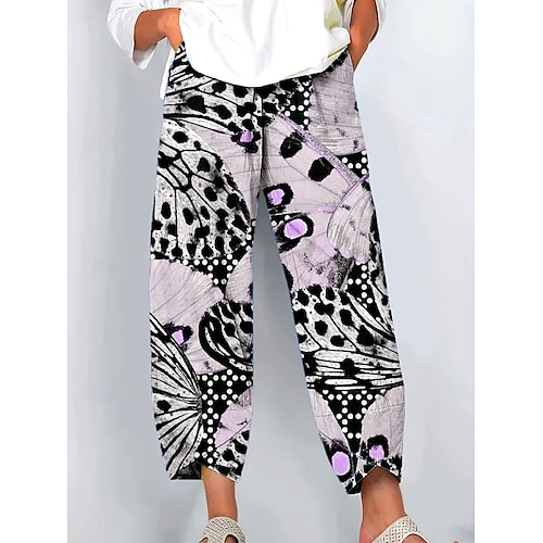  Femmes Jambe large Chinos Pantalons Amples Vacances ancien Style Ethnique Longueur complète Taille haute Graphique Léopard Papillon Patchwork Cordon de serrage Impression Respirant Non Elastique