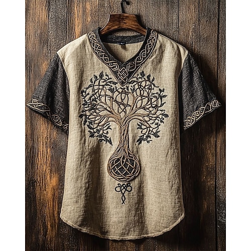  Pánské Tričko Trička Tričko s krátkým rukávem Tričko Top Krátký rukáv Do V Léto Viking Strom života Yggdrasil Vinobraní Designové Etnický styl Tisk Dovolená ulice Jdeme ven Meruňková Khaki Top tričko