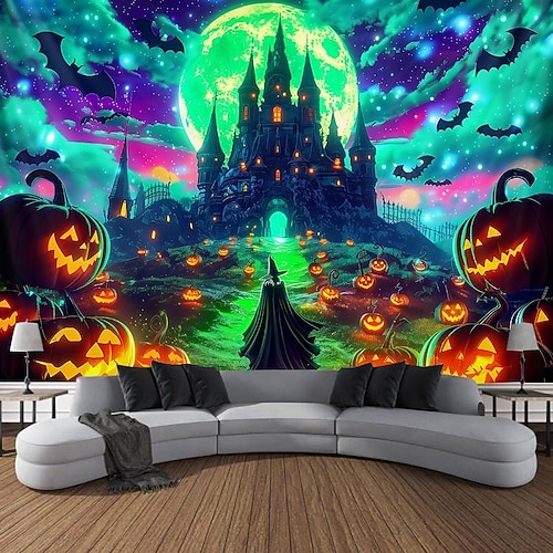 Halloween Blacklight Wall Tapestry – UV Reactive Glowing Moon over