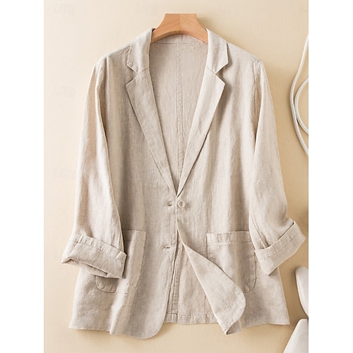  Blazer feminino de algodão e linho, confortável, respirável, com bolso, casual, liso, para escritório, casual, uso diário, abotoamento simples, regular, abertura para baixo, ajuste regular, manga comprida, agasalho branco, verde, bege, verão