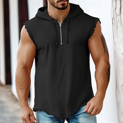  Herren Leinenhemd Tank Top Weste Unterhemd Ärmellos Mit Kapuze Sommer Einfach Mode Klassisch Modern Viertel Postleitzahl Straße Lässig Sport Schwarz Rosa Blau Top T-Shirt für Herren