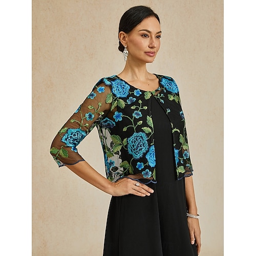  Damen Strickjacke Spitze bestickt elegant Basic lässig geblümt formell kurz Rundhalsausschnitt lockere Passform 3/4-Ärmel Oberbekleidung Marineblau Sommer Frühling