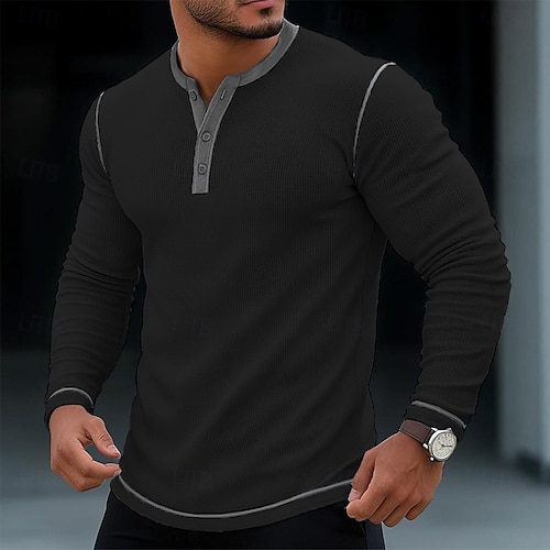  Men's T Shirt Henley Shirt Waffle Knit Tee Tee Top Long Sleeve Shirt Long Sleeve Color Block Solid Fashion Designer Basic Patchwork Henley Vacation Street Casual Spring &  Fall All Seasons Black