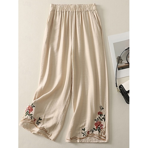  Mujer Pantalones de lino y algodón Chinos Estilo Étnico Básico Casual Longitud total Alta cintura Floral Bordado Bolsillo Cintura elástica Comodidad Al Aire Libre Microelástico Vacaciones Calle Diario