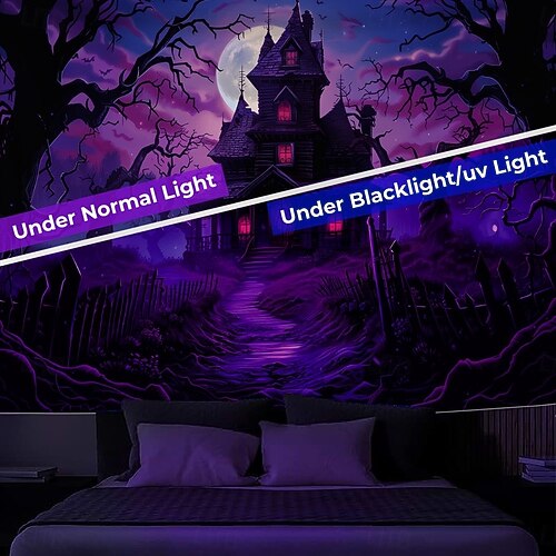 Halloween Blacklight Wall Tapestry – UV Reactive Haunted House