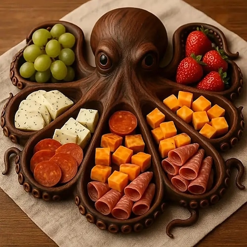 Plateau Apéritif En Bois En Forme De Poulpe - 7 Compartiments, 28x28cm, Pour Fromages, Charcuterie, Fruits, Noix... Idéal Pour Soirées Et Pique-niques
