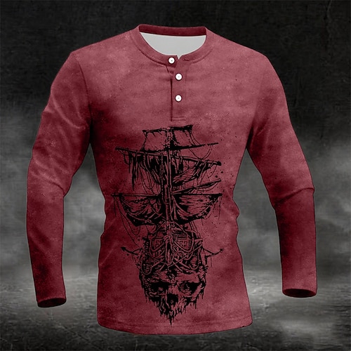  Herren Grafik Vintage Segelboot Henley Hemd Langarm Mode Niedlich Täglich Lässig Ferien Ausgehen Frühling & Herbst Dunkelgrau Blau Grün Burgunderrot Purpur Henley Henley T-Shirt