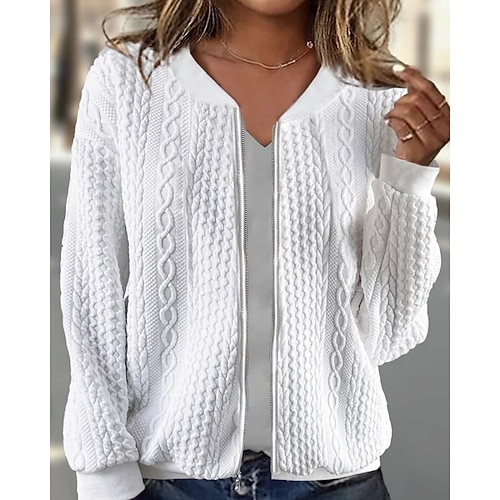  Dame Teksturert genser Gensere Zip Up sweatshirts عادي Gatemote Fritid Langermet Crew-hals Vanlige topper Gate Ferie Lomme Svart Hvit Rosa Rød Lilla Høst Vinter