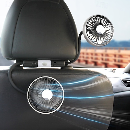 USB Car Fan for Backseat, Dual Rearseat Fans for Kids Separated Controlled Heads and 2 LED Lights 360 Rotatable Cooling 3 Speeds Auto Cooler for Car