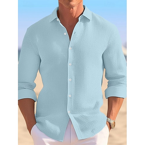 Per uomo Camicia Camicia a nido d'ape Camicia Estiva Camicia casual Camicia con Bottoni Camicie sbottonate Nero Bianco Kaki Azzurro Manica Lunga Semplice Bavero Vacanza Quotidiano Abbigliamento Cotone