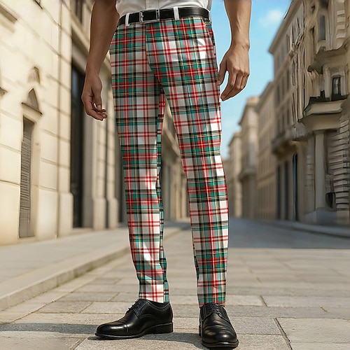 Men's Geometric Tartan Grid Plaid Dress Pants Trousers Casual Pants Mid Waist Casual Formal Vacation Office Daily Summer Spring Fall 3D Print Blue