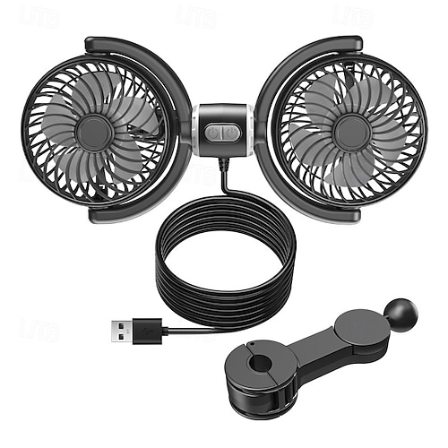 Ventilátor do auta napájený z USB pro miminka, duální ventilátory pro zadní sedadla, 3 rychlosti, samostatně ovládaný, tichý bezkartáčový motor, 360° otočný, 5V, cirkulace vzduchu pro zadní sedadla