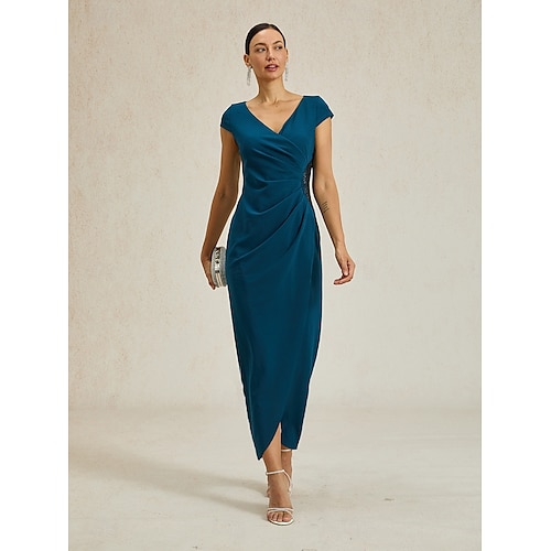  Femmes Robe maxi Robe fourreau Élégant Coupe régulière Couleur Unie Manche Courte Col en V Bleu Encre Été Printemps