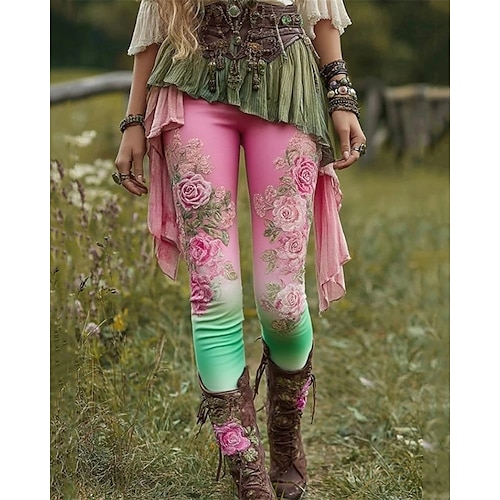  Femmes Pantalons Leggings Leggings confortables Occasionnel Boho Longueur complète Taille haute Fleur Taille Élastique Imprimé Respirabilité Confortable Élastique Vacances Rue Tenue quotidienne Rose