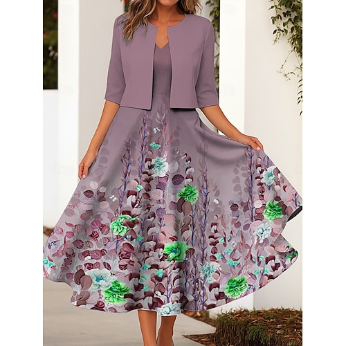  Ensemble de robes pour femmes en deux pièces robe midi avec veste élégante robe en A manches mi-longues robe décontractée semi-formelle imprimé floral ombragé encolure en V rendez-vous rose bleue