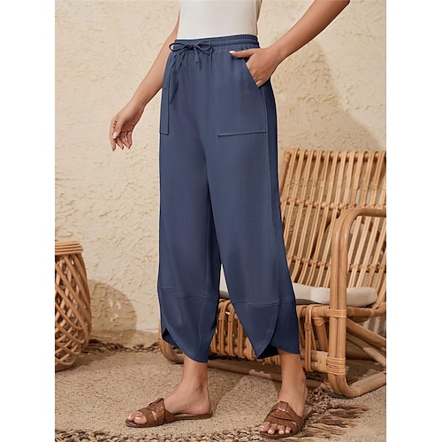  Damen Hose aus Baumwollleinen Chinos Mode Basic Volle Länge Hohe Taille Einfach Tasche Kordelzug Komfort Außenbereich Mikroelastisch Urlaub Straße Täglich Armee-Grün Schwarz Blau Khaki Sommer
