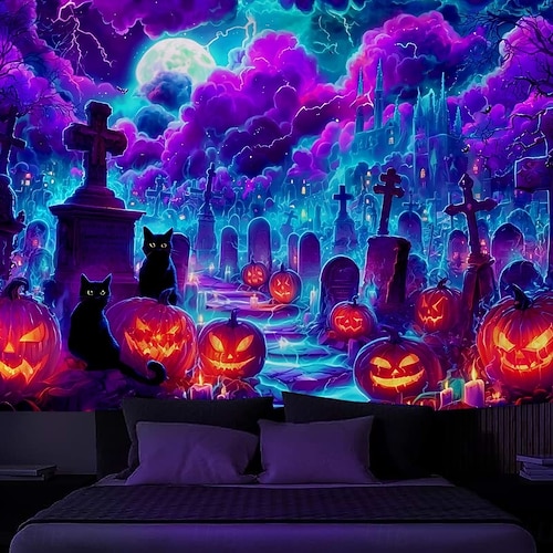 Pretty Halloween Night 田中めろん 30点 Halloween Blacklight Wall Tapestry – UV Reactive Haunted House