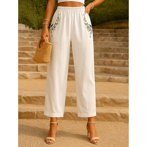  Per donna Pantaloni in cotone e lino Chinos Moda Essenziale Lunghezza intera Vita Alta Floreale Ricamato Comodità All'aperto Micro-elastico Vacanza Streetwear Quotidiano Bianco Giallo Albicocca Caffè