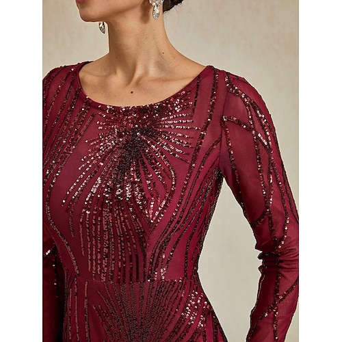  Damen Maxikleid Trompeten- Meerjungfrauenkleid Elegant Party Formell Cocktailparty Normale Passform Einfarbig Langarm Rundhalsausschnitt Burgunderrot Frühling Herbst Winter