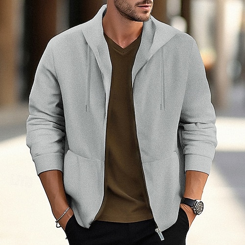  Homens Jaqueta Waffle Jaqueta casual Casaco com capuz Férias Diário Respirável Bolsos Primavera Outono Tecido Moda Clássico Com Capuz Padrão Preto Branco Azul cáqui Cinzento Casaco