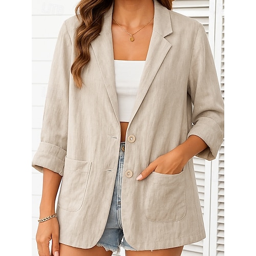  Blazer feminino de algodão e linho, confortável, respirável, com bolso, casual, liso, para escritório, casual, uso diário, abotoamento simples, regular, abertura para baixo, ajuste regular, manga comprida, agasalho branco, verde, bege, verão