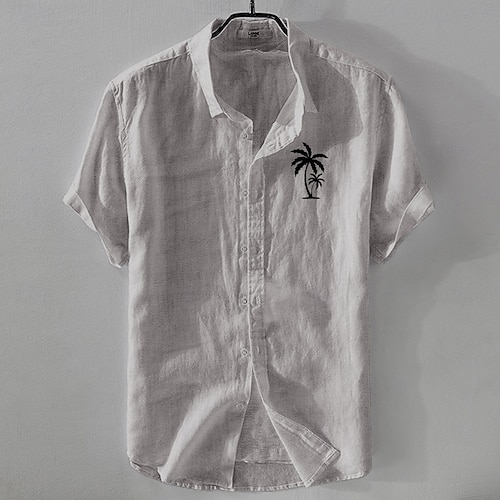  Herr Linneskjorta Minimalistisk Aloha skjorta Casual skjorta Linneskjorta i bomull Knapp upp skjorta Kokosnötsträd Semester Gata Vit Mörk marin Himmelsblå Kaki Kortärmad Kavajslag Sommar Kläder