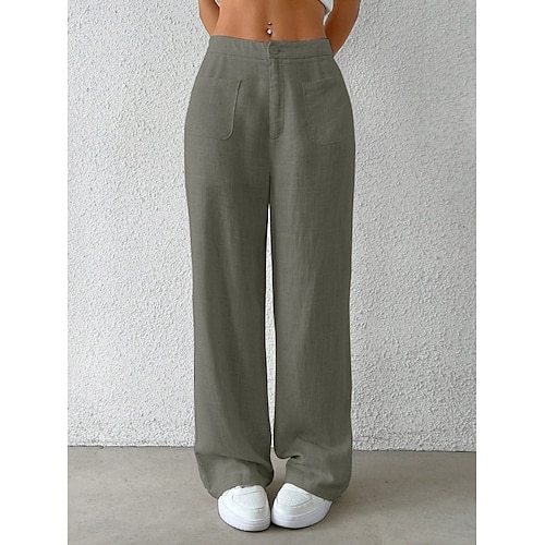 Mulheres Perna larga chinês Moda Básico Casual Comprimento total Cintura Média Côr Sólida Bolsos Conforto Exterior Sem Elasticidade Férias Rua Diário Preto Branco Azul Damasco Verão Primavera Outono