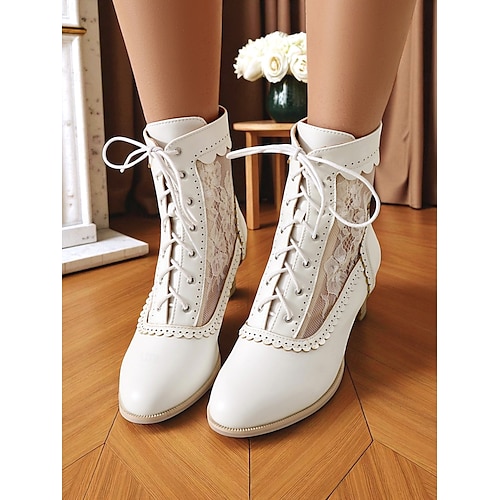  Botas femininas de cano curto com cadarço preto e inspiração eduardiana - botinhas vitorianas vintage de salto médio em malha com cadarço para moda gótica, cosplay e trajes com tema dos anos 1900