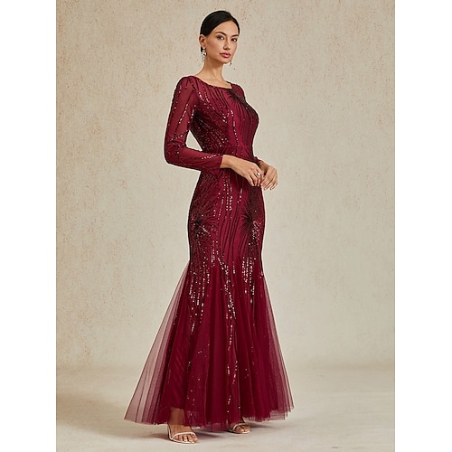  Damen Maxikleid Trompeten- Meerjungfrauenkleid Elegant Party Formell Cocktailparty Normale Passform Einfarbig Langarm Rundhalsausschnitt Burgunderrot Frühling Herbst Winter