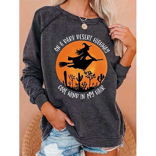 Felpa da donna di Halloween con grafica di strega moda casual maniche lunghe colletto rotondo top regolari stampa casual bianca verde chiaro vino blu grigio chiaro autunno inverno