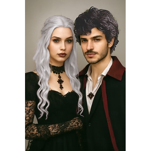  mannen kort krullend haar zwarte pruik met pony cosplay halloween kostuum partij natuurlijk haar pruik