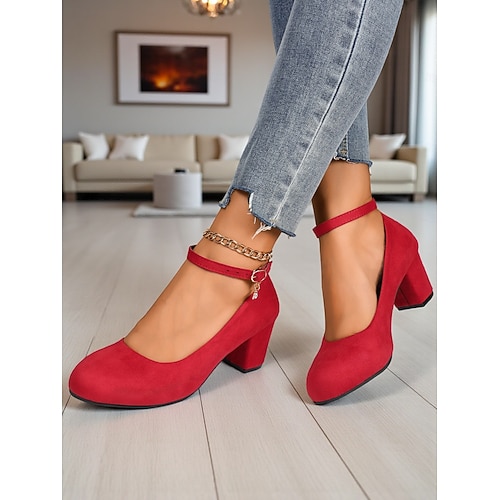  Escarpins Mary Jane rouges à talons carrés pour femmes - Chaussures habillées à bout rond en faux daim avec bride à la cheville, style vintage pour le bureau, les fêtes et le quotidien