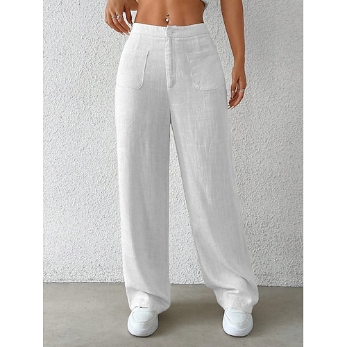  Mulheres Perna larga chinês Moda Básico Casual Comprimento total Cintura Média Côr Sólida Bolsos Conforto Exterior Sem Elasticidade Férias Rua Diário Preto Branco Azul Damasco Verão Primavera Outono