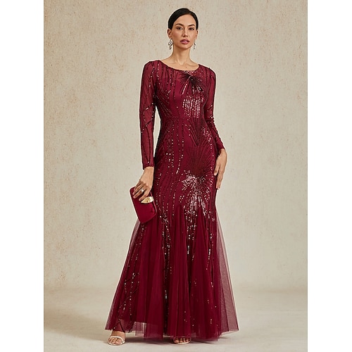  Damen Maxikleid Trompeten- Meerjungfrauenkleid Elegant Party Formell Cocktailparty Normale Passform Einfarbig Langarm Rundhalsausschnitt Burgunderrot Frühling Herbst Winter
