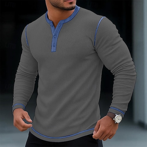  Men's T Shirt Henley Shirt Waffle Knit Tee Tee Top Long Sleeve Shirt Long Sleeve Color Block Solid Fashion Designer Basic Patchwork Henley Vacation Street Casual Spring &  Fall All Seasons Black