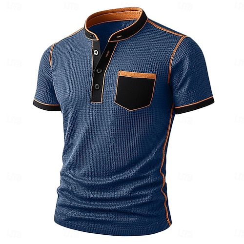  Men's Waffle Henley Shirt Tee Short Sleeve Solid Color Plain Fashion Designer Comfortable Color Block Buttons Henley Outdoor Casual Daily Summer All Seasons Black Navy Blue Brown Henley T-Shirt