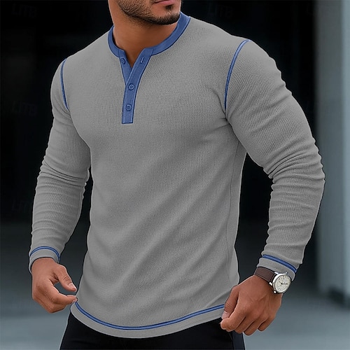  Men's T Shirt Henley Shirt Waffle Knit Tee Tee Top Long Sleeve Shirt Long Sleeve Color Block Solid Fashion Designer Basic Patchwork Henley Vacation Street Casual Spring &  Fall All Seasons Black
