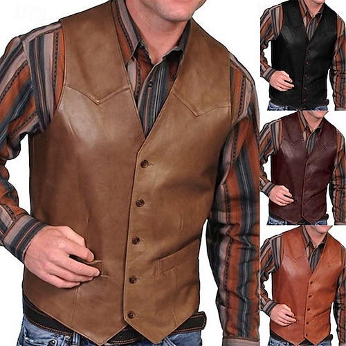 Hombre Chaleco de cuero Ropa Cotidiana Vacaciones Noche Vintage Moda Primavera & Otoño Botón Cuero sintético Cómodo Plano Botonadura Simple Escote en Pico Ajuste regular Rojo Marrón Chaleco