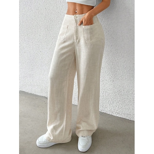  Mulheres Perna larga chinês Moda Básico Casual Comprimento total Cintura Média Côr Sólida Bolsos Conforto Exterior Sem Elasticidade Férias Rua Diário Preto Branco Azul Damasco Verão Primavera Outono