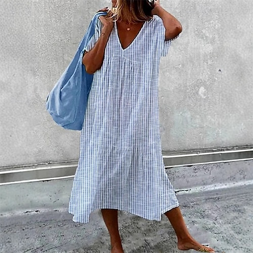 women's casual dresses summer TqaSer for Women 2024 Short Sleeve Solid Color Waist Shirred A-Line Dress at Amazon Clothing store Which Ensures You To Keep Cool In Hot Summer Women's Blue and White Striped