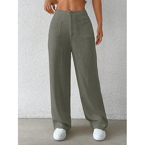  Mulheres Perna larga chinês Moda Básico Casual Comprimento total Cintura Média Côr Sólida Bolsos Conforto Exterior Sem Elasticidade Férias Rua Diário Preto Branco Azul Damasco Verão Primavera Outono