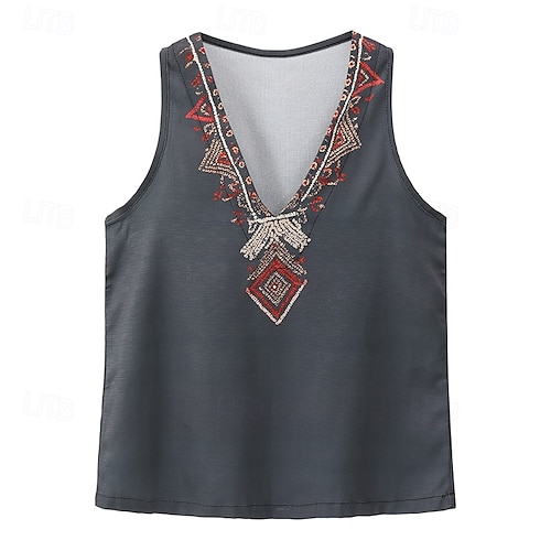  Pentru femei Bluză occidentală Cămașă Boho Bluză Floare Modern Boho Fără manșon În V Topuri obișnuite Zilnic Concediu Ieșire Imprimeu Negru Trifoi Gri Închis Vară