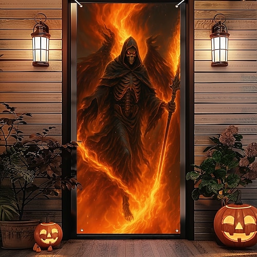  Halloween Dörrcover – Eldig Skelett i Lågor Spökhus Entré Banner Skrämmande Utomhus  Inomhus Dekoration för 2025 Halloween Sovrum Vardagsrum Badrum