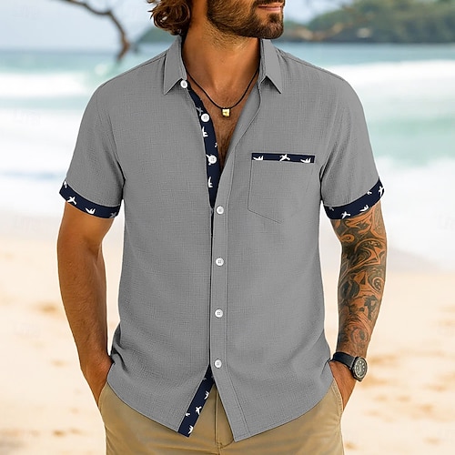  Herren Leinenhemd Sommerhemd Strandbekleidung Knopfhemd Gestreift Urlaub Kreuzfahrt Weiß Grün Khaki Grau Kurzarm Revers Sommer Frühling & Sommer Bekleidung Basic