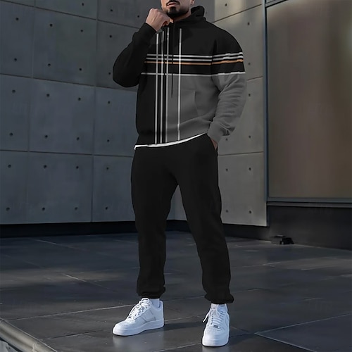  Férfi Linije 2db 3D pulóver készletek Tracksuit Kapucnis pulóver Hosszú ujj Hosszú nadrág Kapucni Sportos Alkalmi Napi Sportruházat 3D nyomtatás Tavasz Ősz Tél Fekete