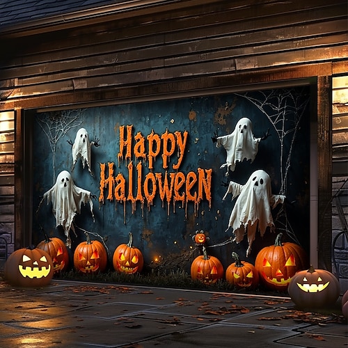  Halloween Garagentorabdeckung Banner Hintergrund – "Frohes Halloween" Szene mit Kürbissen und Fledermäusen übergroß für Garagentore inkl. einfach aufzuhängende Hardware Außendekoration für Halloween