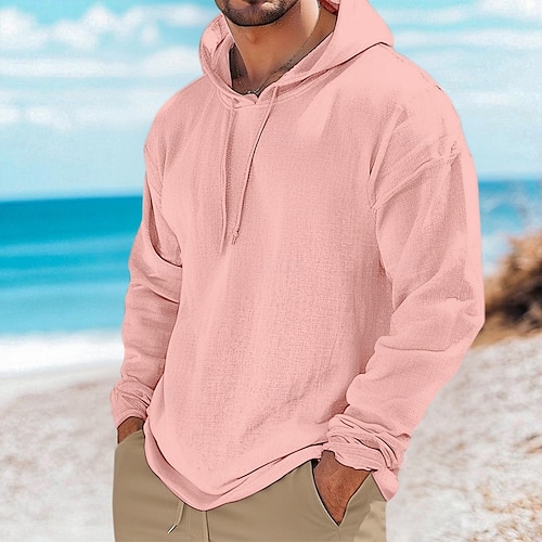  Per uomo Maglia Henley Maglietta in lino Manica Lunga Con Cappuccio Estate Primavera Tinta unica Semplice Vintage Stile Boho Casual Senza bordo Vacanza Streetwear Casuale Bianco Rosa Blu chiaro