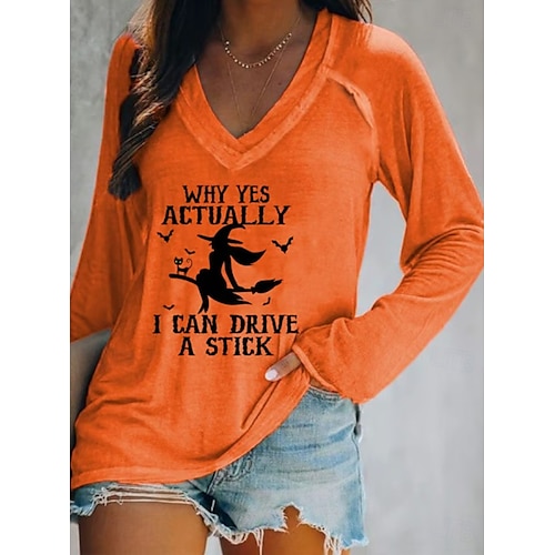 Halloween Women's T Shirt V Neck Long Sleeve Graphic Casual Letter Vintage Stylish Western Regular Tops Daily Weekend Vacation Wear Print Black White Pink Navy Blue Blue Spring Fall Witch