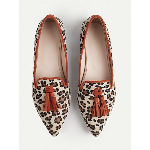  Dámské balerínky s leopardím vzorem a střapci - retro styl s špičatou špičkou, oranžovým lemováním a blokovým podpatkem pro každodenní nošení &neformální výlety